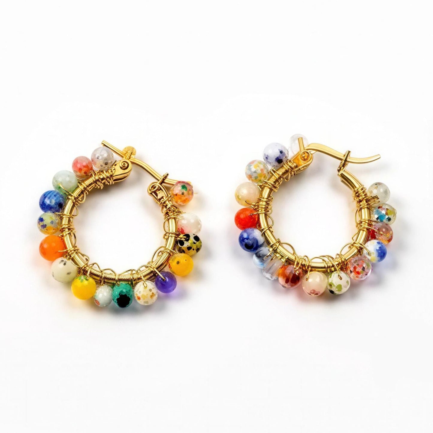 Argollas Mia – Cristal Murano Milefiore | Acero Inoxidable Baño Oro 18K